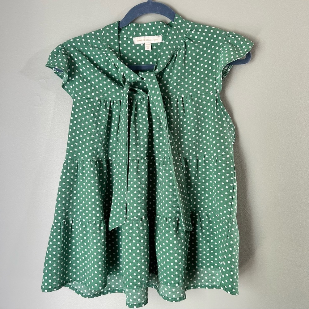 Monteau Green Polka Dot Top with Bow